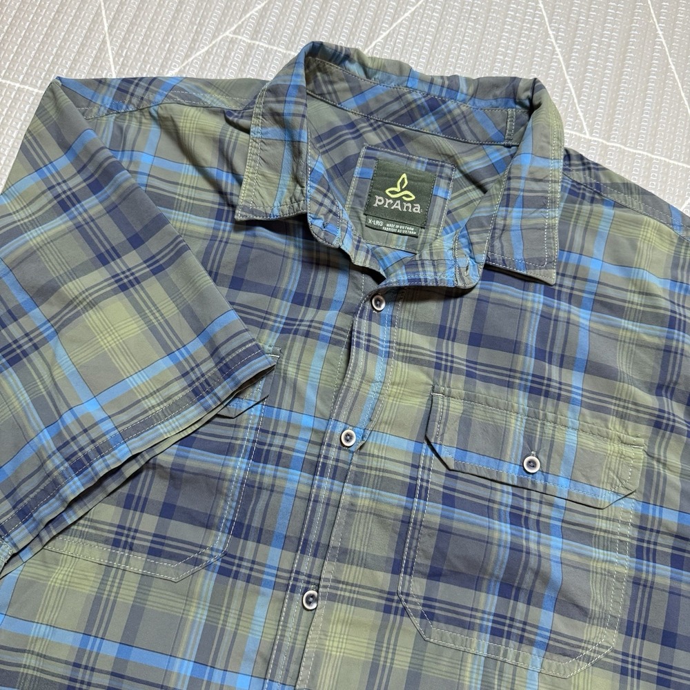 prAna Cayman Plaid Shirt XL Green Blue Short Sleeve Button Down Performance